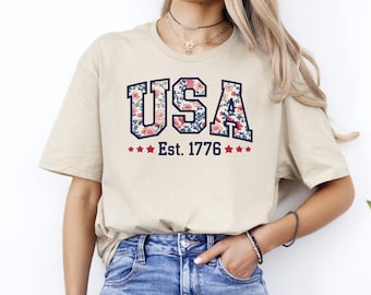 Floral USA Shirt, America T-Shirt, Memorial Day Shirt, Fourth of July Shirt, USA Est 1776 Shirt, Patriotic Shirt, Independence Day Tee