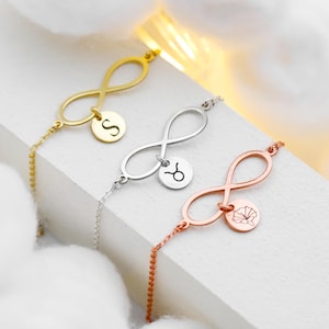 Custom Sterling Silver Infinity Bracelet: Birth Flower, Zodiac, Initial Charm