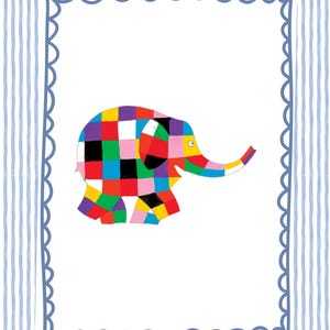 May include: A vibrant patchwork elephant illustration on a white backdrop, framed by a scalloped blue border. The background features vertical blue and white stripes. The elephant is made up of various coloured squares.