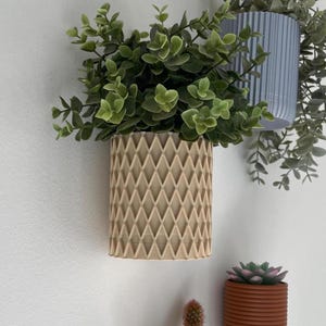 Peut inclure: Trois jardinières murales décoratives. La plus grande, beige, présente un motif en losanges et contient des plantes vertes. Un pot bleu à rayures verticales et un pot marron avec une succulente sont également visibles, fixés sur un mur blanc.