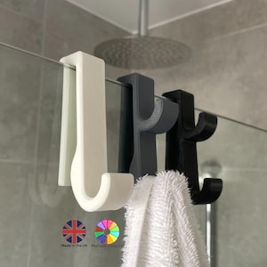 Shower Glass Hook | One or Two Hooks | Fits Glass up to 11mm | 19 Colours | No-Drill Bathroom Hook for towels, squeegees and more