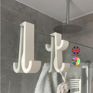 Shower Glass Hook | Two or Four Hooks | Fits Glass up to 11mm | 19 Colours No-Drill Bathroom Hook for towels, squeegees and more