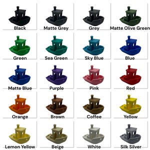 May include: A collection of twenty small 3D printed toy boats in various colours including black, matte grey, grey, matte olive green, green, sea green, sky blue, blue, matte blue, purple, pink, red, orange, brown, coffee, yellow, lemon yellow, beige, white, and silk silver.