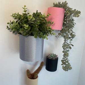 Op de afbeelding: Een verzameling wandplantenbakken in verschillende kleuren en maten. De cilindrische potten hebben een gestructureerd ontwerp en bevatten verschillende planten en vetplanten. De opstelling creëert een moderne, minimalistische presentatie voor binnengroen.