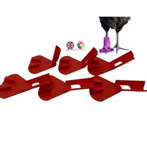 May include: A set of six red plastic poultry foot tags, each featuring a flat base with a vertical tab and a side slot. The image includes a small graphic showing a chicken leg wearing a purple version of the tag and text reading Made in the UK.