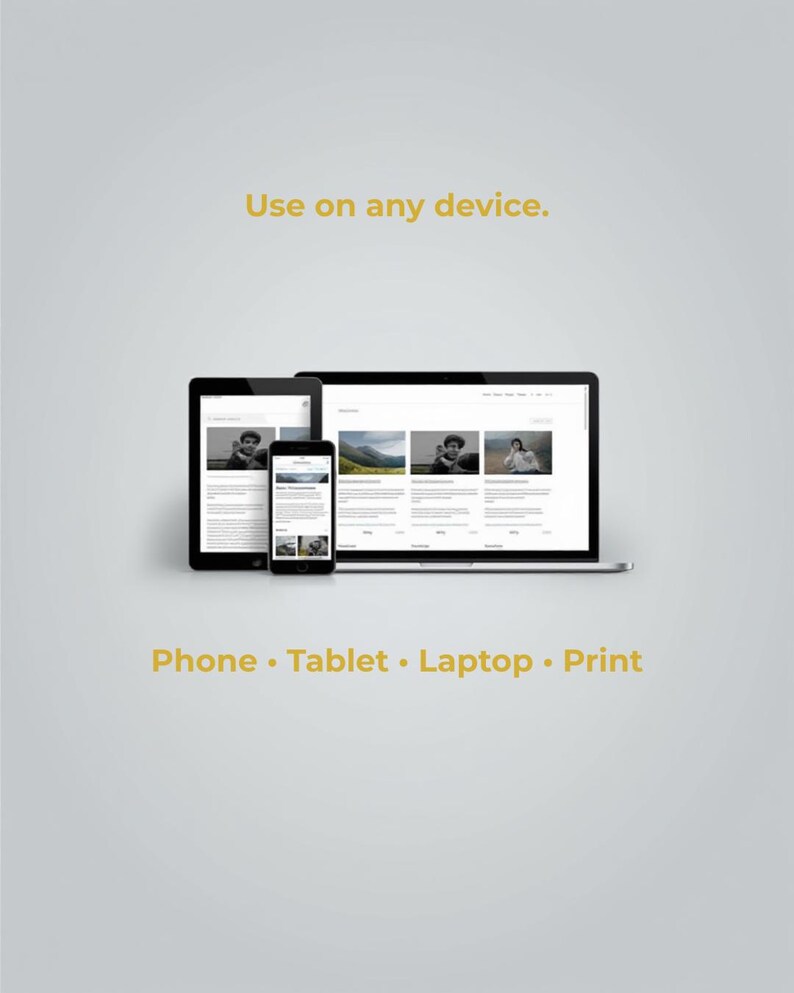 K&ouml;nnte beinhalten: Ein Bild, das ein Tablet, Smartphone und Laptop zeigt, die eine Website anzeigen. Der Text lautet "Auf jedem Ger&auml;t verwenden" und "Telefon &bull; Tablet &bull; Laptop &bull; Druck".