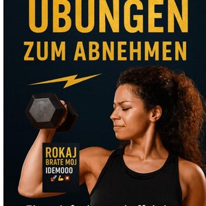 May include: A woman lifts a dumbbell with her right arm. The image is a motivational poster with the text "10 BESTE ÜBUNGEN ZUM ABNEHMEN" in yellow letters on a dark blue background. The text "ROKAJ BRATE MOJ IDEM000" is also visible in a yellow box with a lightning bolt symbol. The text "Ein enfnfacher und effektiver Trainingsplan" is at the bottom of the image.
