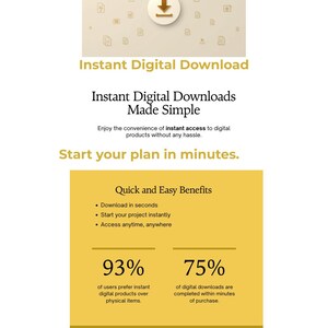 K&ouml;nnte beinhalten: Grafik f&uuml;r sofortige digitale Downloads mit dem Text "Instant Digital Download" und "Instant Digital Downloads Made Simple". Die Vorteile werden hervorgehoben, einschlie&szlig;lich sofortigem Zugriff und schneller Fertigstellung. Statistiken zeigen die Pr&auml;ferenz f&uuml;r digitale Produkte.