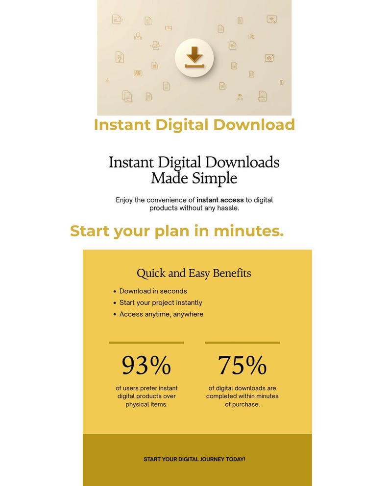 K&ouml;nnte beinhalten: Grafik f&uuml;r sofortige digitale Downloads mit dem Text "Instant Digital Download" und "Instant Digital Downloads Made Simple". Die Vorteile werden hervorgehoben, einschlie&szlig;lich sofortigem Zugriff und schneller Fertigstellung. Statistiken zeigen die Pr&auml;ferenz f&uuml;r digitale Produkte.