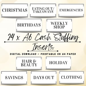 May include: Printable cash stuffing envelopes with categories like Christmas, birthdays, holidays, and savings. 24 A6 inserts for a cash envelope system.