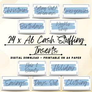Könnte beinhalten: Ein Satz von 24 druckbaren A6-Cash-Stuffing-Einsätzen mit blauem Aquarell-Text auf weißem Hintergrund. Der Text umfasst Kategorien wie "Weihnachten", "Essen gehen", "Notfälle", "Geburtstage", "Wocheneinkauf", "Haar & Schönheit", "Urlaub", "Sparen", "Ausflüge" und "Kleidung".