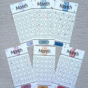 May include: Six colourful cards with a white background and black circles. Each card has a number from 1 to 6 in the top left corner and the word "Month" below it. The cards have a total amount of money listed at the bottom, such as "£30" and "£90".