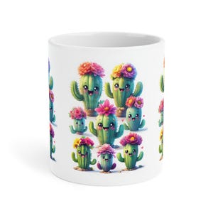 Cactus de dibujos animados caprichosos con coronas de flores de colores, regalo único de taza de café, taza de té para amantes de las plantas suculentas, desierto del suroeste, taza de cerámica