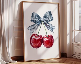 Cherry Blue Bow Printable, Coquette Wall Art, Aesthetic Girl Bedroom Decor, Trendy Fruit Cherries Wall Art, Preppy College Apartment Decor
