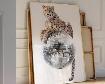 Disco Ball Cheetah Wall Art Printable, Mirrorball Animal Statement, Trendy Leopard Disco Poster, Aesthetic Decor, 70s Glamour Style Print