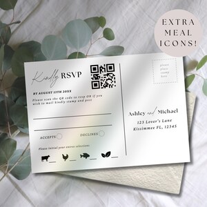 Peut inclure: Une carte postale RSVP blanche avec du texte noir et un code QR. Le texte comprend "Kindly RSVP", "By August 13th 20XX" et des instructions pour répondre. Comprend des icônes de repas et un espace pour les sélections de plats.
