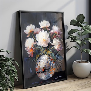Afdrukbare muurkunst, zilveren discobal met pioenrozen, bloemen maximalistisch schilderij, trendy spiegelbolprint, humeurige bloemenprint
