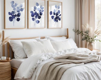 Indigo Watercolor Botanical Art Prints, Indigo Blue Farmhouse Prints, Minimalist Floral Wall Art, Farmhouse Wall Art, Floral Prints Set of 3
