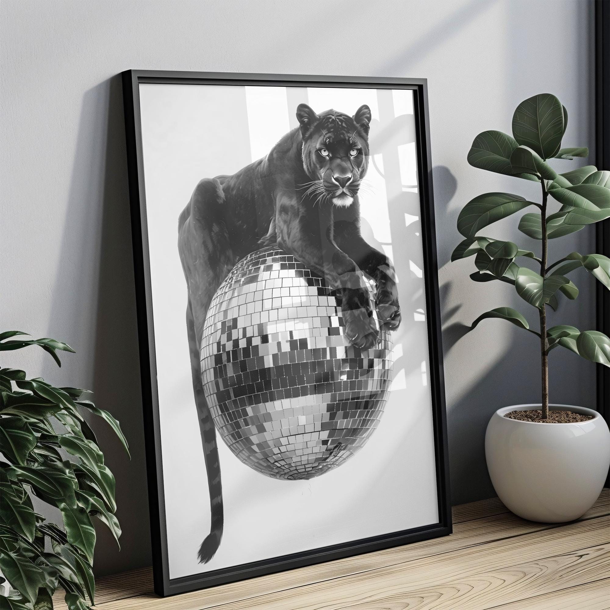 Disco Ball Panther Wall Art Printable, Mirrorball Animal Statement, Trendy Leopard Disco Poster, Aesthetic Decor, 70s Glamour Style Print