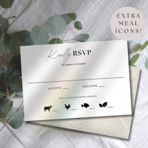May include: A white RSVP card with the words "Kindly RSVP" in elegant script. Below, it reads "BY AUGUST 13TH 20XX". The card includes lines for accepting or declining, and entree selection icons: a cow, chicken, fish, and leaf.