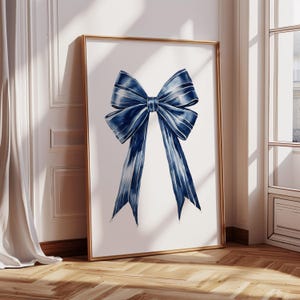 Blue Bow Printable, Coquette Wall Art, Aesthetic Girl Bedroom Decor, Navy Blue Bow Striped Wall Art, Preppy College Apartment Decor