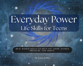 Può includere: Copertina di un libro con sfondo blu scuro e stellato. Il titolo "Everyday Power" è in bianco, con "Life Skills for Teens" sotto. Il testo include "REAL WORLD SKILLS TO HELP YOU GROW, HANDLE PRESSURE, AND THRIVE." e il nome dell'autore.