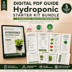 Può includere: Una guida digitale in PDF e un kit di avvio per idroponica che include una guida per principianti, liste di controllo per la configurazione del sistema, un diagramma di flusso per la risoluzione dei problemi e fogli di calcolo per i nutrienti.