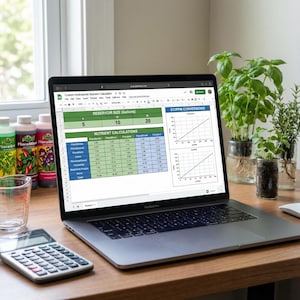 Może przedstawiać: Laptop z arkuszem kalkulacyjnym zatytułowanym "Custom Hydroponic Nutrient Calculator" z obliczeniami składników odżywczych i konwersjami EC/PPM. Butelki z pożywką dla roślin i kalkulator na drewnianym biurku.