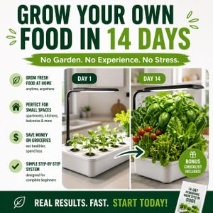 May include: An image showcasing a hydroponic grow system. The text reads "Grow Your Own Food in 14 Days." The system includes a white container with plants under a grow light. The image highlights the ease of growing fresh food at home, even in small spaces.