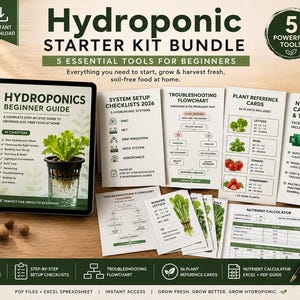 May include: A hydroponic starter kit bundle featuring a 37-page beginner guide, system setup checklists, a troubleshooting flowchart, 56 plant reference cards, and a nutrient calculator. Includes a digital tablet, printed cards, and a black pen.