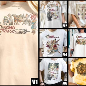 May include: A light beige t-shirt featuring the text "CHRONO TRIGGER" in a circular design, with Japanese text below. The shirt displays a colorful graphic of characters from the video game.