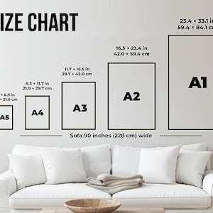 Op de afbeelding: Een maattabel toont afmetingen voor A5, A4, A3, A2 en A1 papierformaten, met metingen in inches en centimeters. De tabel staat op een witte muur, boven een witte bank van 228 cm breed.