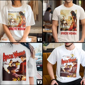 Puede incluir: Camisetas blancas con el póster de la película "Apache Woman". El diseño presenta a una mujer nativa americana, un hombre a caballo y el título en rojo. Las camisetas son de manga corta y cuello redondo, ideales para un look casual.