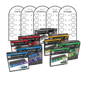 May include: A selection of Tooli-Art acrylic paint pens in assorted colours, including reds, blues, greens, and yellows. The image also shows colour guides with heart-shaped colour swatches and the names of the colour palettes.