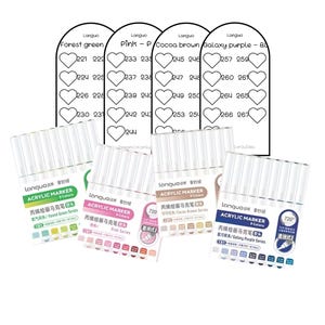 Op de afbeelding: Een verzameling acrylmarkers in verschillende kleuren, waaronder bosgroen, roze, cacaobruin en galaxy paars. Elke markerset wordt getoond met kleurstalen en de merknaam "Languo". De markers zijn ontworpen voor kunstprojecten.