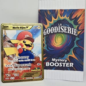 Gouden kaart - PIKACHU MARIO Special, Ideaal als cadeau voor hem of haar - Metalen kaart in een thuisbooster