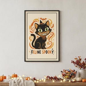 Feline Spooky Print | Cute Retro Cartoon Black Cat Wall Art | Funny Halloween Poster | Spooky Season Decor | Printable Digital Download