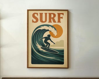 Retro Style Surf Poster with Sunset Beach Vibes – Vintage Digital Wall Art, Coastal Summer Decor, Printable Artwork for Surf Enthusiasts