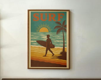 Arte mural de surf vintage - Póster de surf en la playa al atardecer, lámina retro de surf para decoración costera del hogar, ilustración de playa para descarga digital