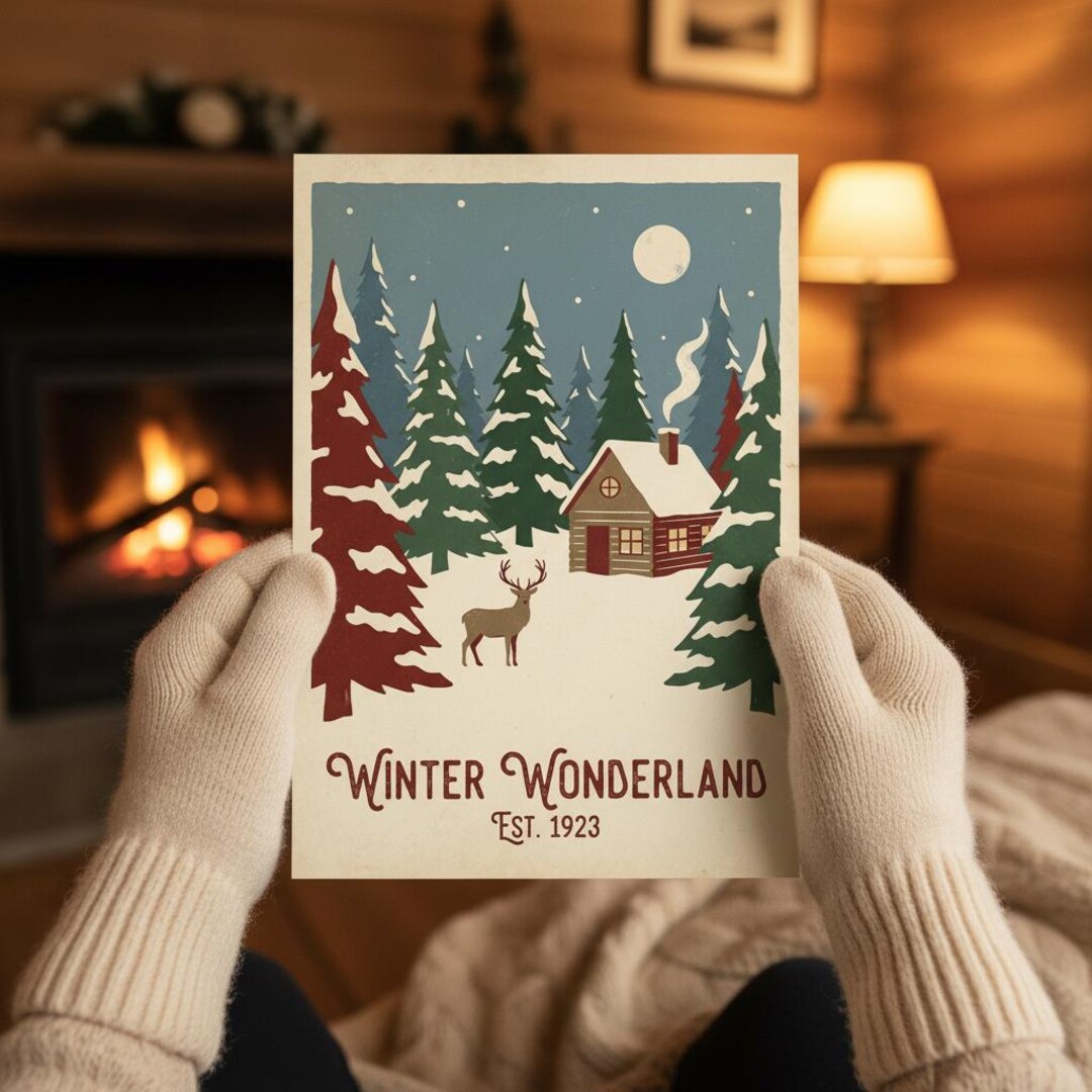 Vintage Winter Wonderland Print | Snowy Cabin Art | Deer Forest Wall ...