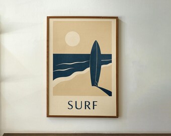 Póster de surf California Wall Art – Arte mural playero japonés, ilustración de tabla de surf imprimible en neutro, descarga digital para decoración costera