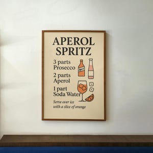 Aperol Spritz Recipe Print – Minimalist Cocktail Poster, Retro Drink Art for Bar Cart or Kitchen, Digital Download Mixology Decor