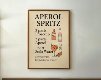 Aperol Spritz Recipe Print – Minimalist Cocktail Poster, Retro Drink Art for Bar Cart or Kitchen, Digital Download Mixology Decor