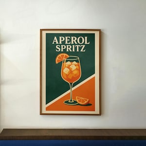 Aperol Spritz Print – Retro Cocktail Muurkunst, Mid Century Bar Decor, Italiaanse Drankposter, Aperol Keukenkunst, Digitale Download