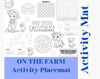 Tapete de actividades con temática de la granja, mantel individual con actividades de la granja, escuela dominical, actividades para la iglesia, actividades para bodas, granja, colorear