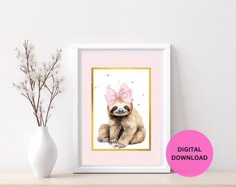 Sloth wall art, sloth, girly wall art, cool wall art, wall art print, cute fox wall art, Aesthetic, bows printable art