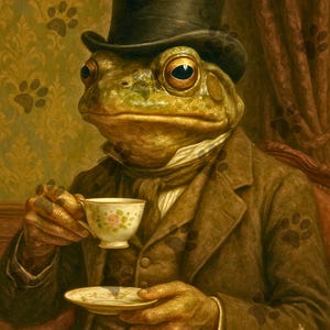 Puede incluir: Ilustración caprichosa de una rana con sombrero de copa y traje, sosteniendo una taza de té y un platillo. La rana tiene ojos grandes y viste un traje marrón con camisa blanca y corbata. La taza y el platillo tienen un diseño floral.