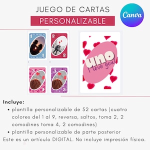 Juego de Cartas tipo UNO personalizable romántico para San Valentín (Fiestas, regalos, cumpleaños, Aniversario)