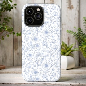 Funda floral blanca y azul para iPhone, funda con enredaderas de flores para iPhone 11, 12, 13, 14, 15 y 16, iPhone Pro, funda para iPhone Pro Max, estética de jardín
