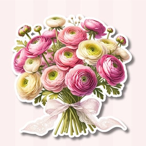 Pegatina troquelada de ramo de ranúnculos rosa, amarillo y blanco, pegatina floral floreciente con cinta de encaje, calcomanía para portátiles, diarios y botellas de agua.